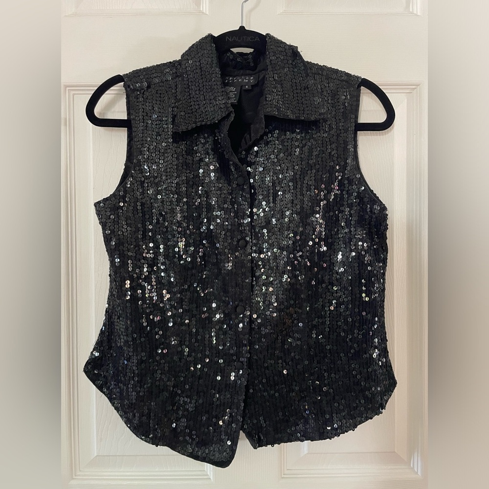 Vintage Spencer Jermey Silk Sequin Button-Up Sleeveless Vest Top - Black